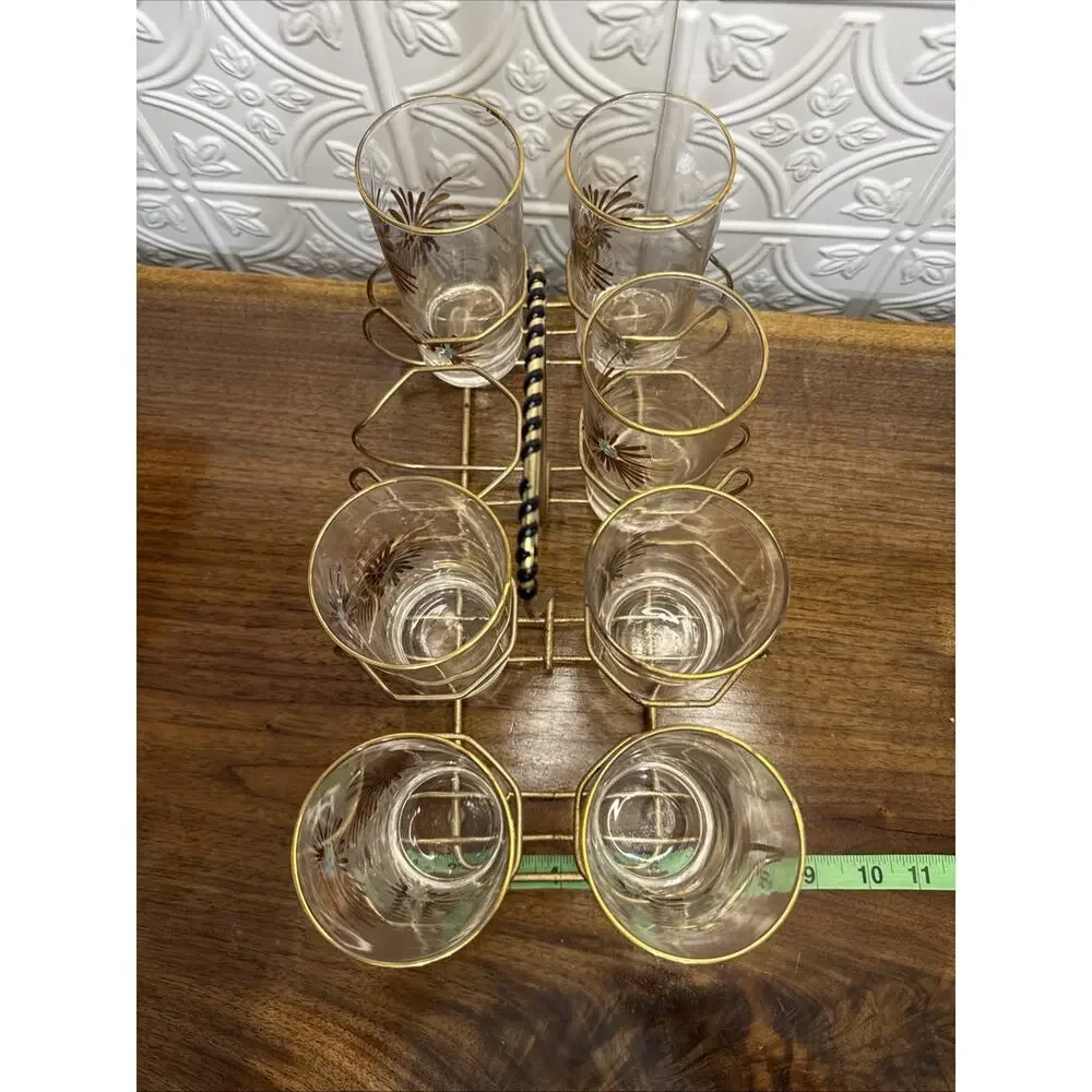 VTG Libbey MCM Party time Atomic Firework Glasses Set Of 7 & Rack Holder